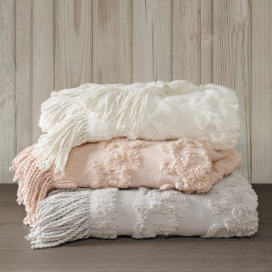 Olliix.com Pillows & Throws - 1 Bohemian Cotton Tufted Chenille Lightweight Throw With Fringe Tassel 50"W x 60"L Blush