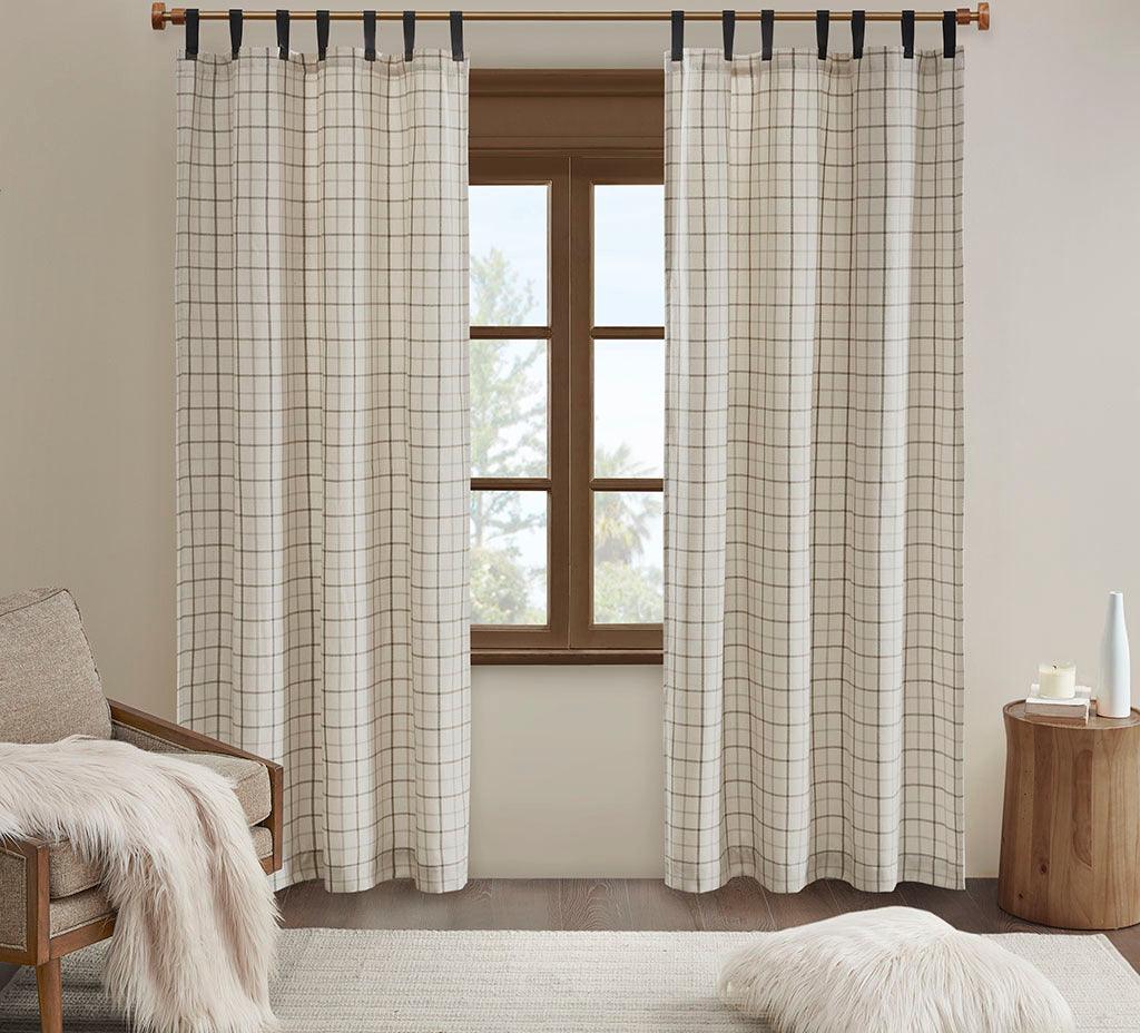 Olliix.com Curtains - Anaheim 84 H Plaid Faux Leather Tab Top Panel with Fleece Lining Natural