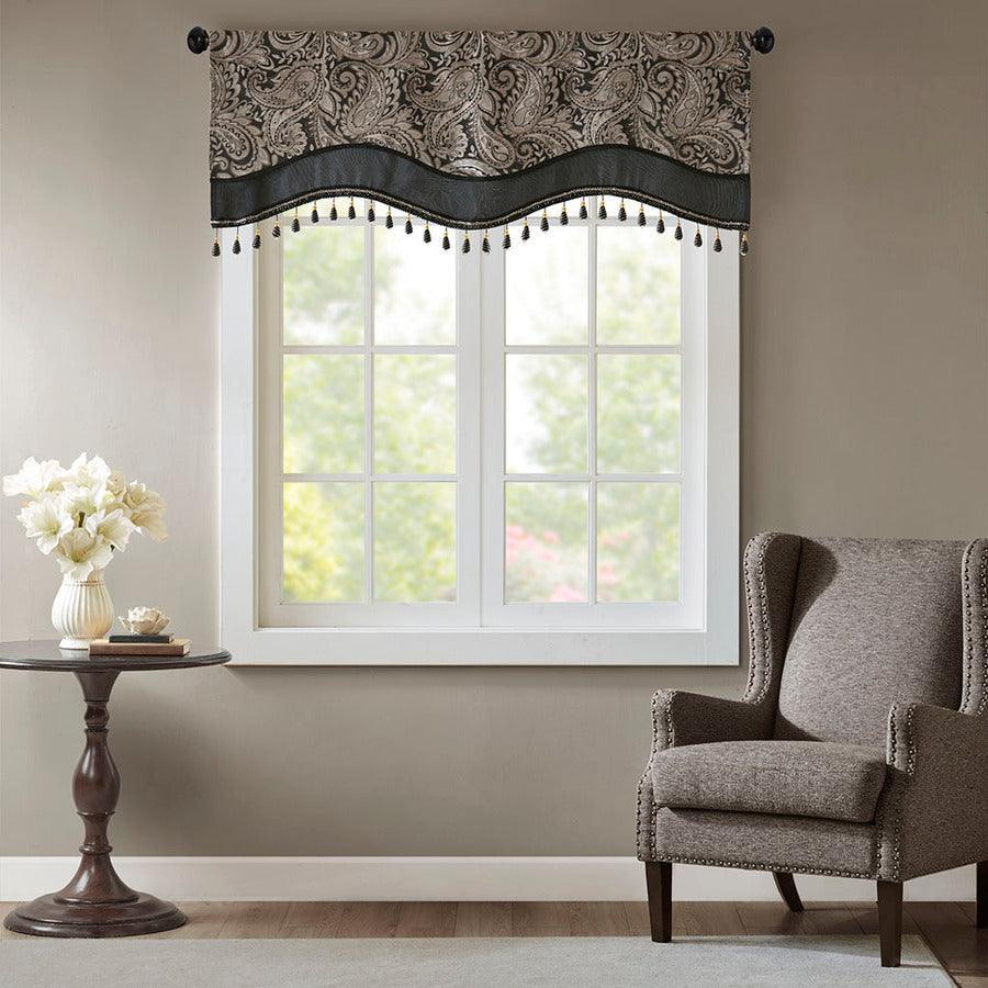 Olliix.com Curtains - Aubrey Traditional Jacquard Window Rod Pocket Valance With Beads 50"W x 18"L Black