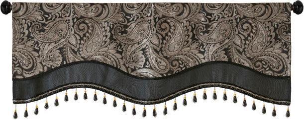 Olliix.com Curtains - Aubrey Traditional Jacquard Window Rod Pocket Valance With Beads 50"W x 18"L Black