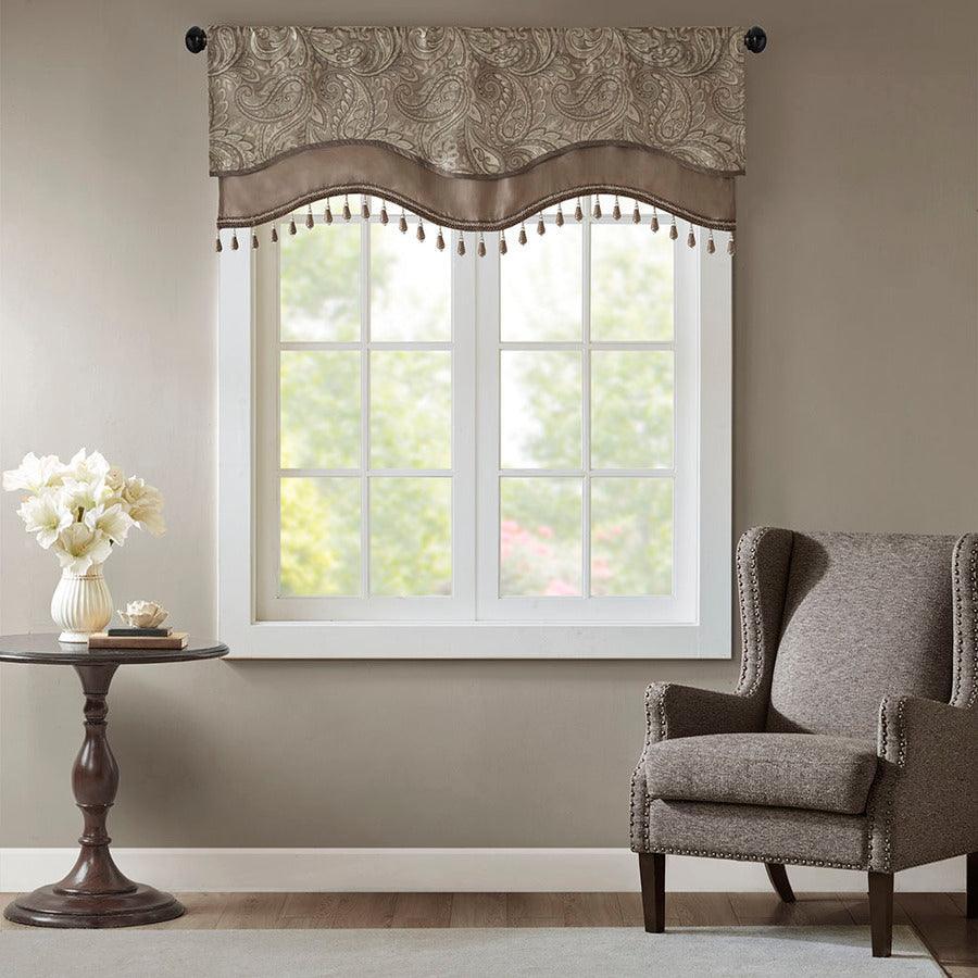 Olliix.com Curtains - Aubrey Traditional Jacquard Window Rod Pocket Valance With Beads 50"W x 18"L Brown