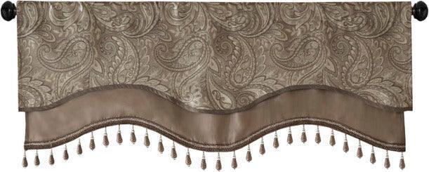 Olliix.com Curtains - Aubrey Traditional Jacquard Window Rod Pocket Valance With Beads 50"W x 18"L Brown