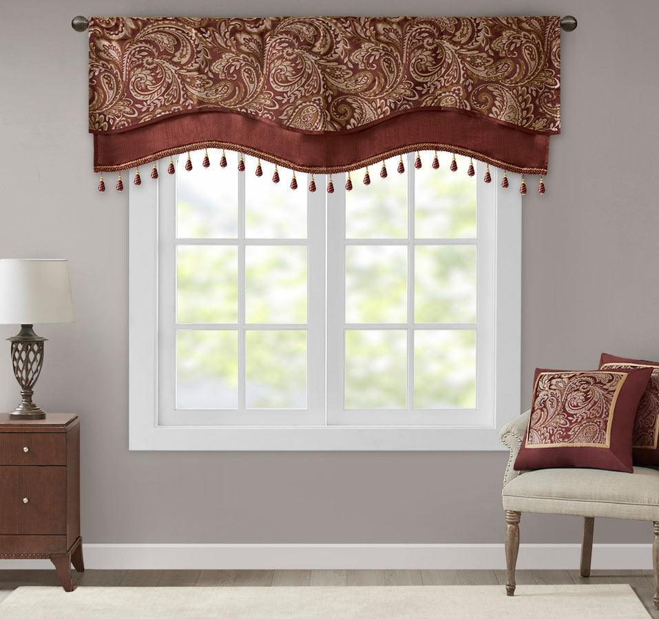 Olliix.com Curtains - Aubrey Traditional Jacquard Window Rod Pocket Valance With Beads 50"W x 18"L Burgundy