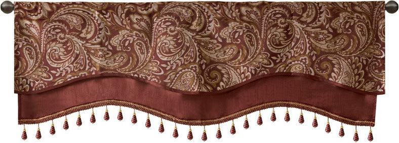 Olliix.com Curtains - Aubrey Traditional Jacquard Window Rod Pocket Valance With Beads 50"W x 18"L Burgundy