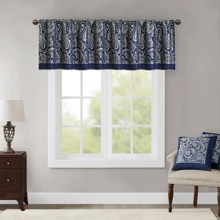 Olliix.com Curtains - Aubrey Traditional Jacquard Window Valance 50"W x 18"L Navy