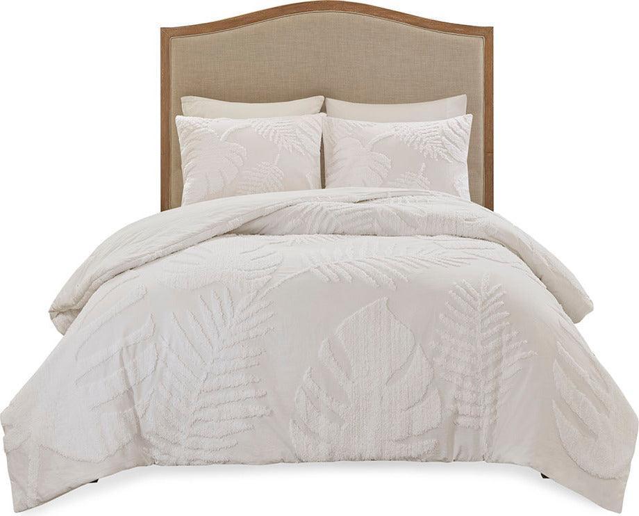 Olliix.com Duvet & Duvet Sets - Bahari Coastal 3 Pc Tufted Cotton Chenille Palm Duvet Cover Set Full/Queen White