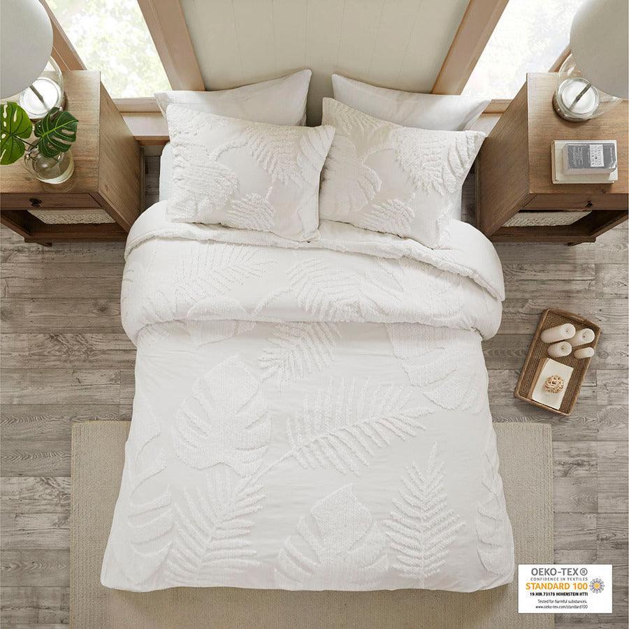 Olliix.com Duvet & Duvet Sets - Bahari Coastal 3 Piece Tufted Cotton Chenille Palm Duvet Cover Set King/Cal King White