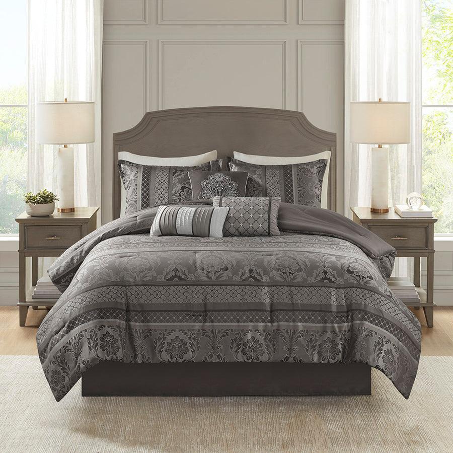 Olliix.com Comforters & Blankets - Bellagio Queen 7 Piece Jacquard Traditional Comforter Set Gray