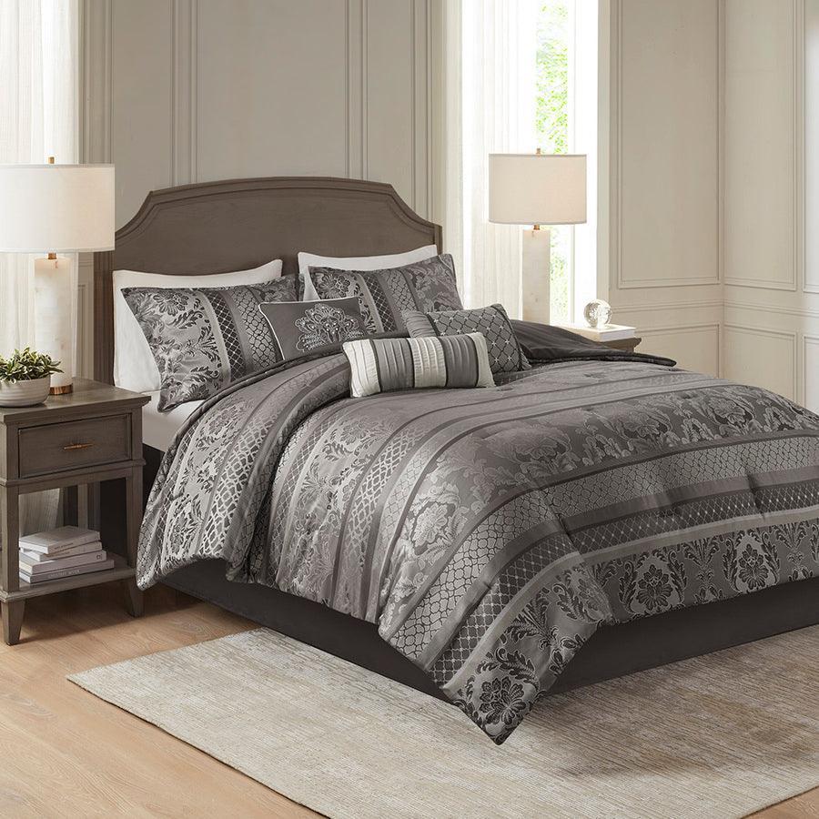 Olliix.com Comforters & Blankets - Bellagio Queen 7 Piece Jacquard Traditional Comforter Set Gray
