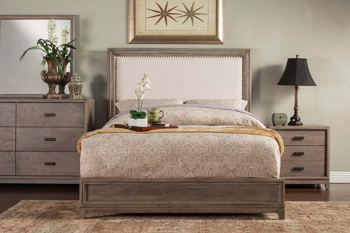 Alpine Furniture Beds - Camilla California King Panel Bed w/Upholstered Headboard & Nailheads, Antique Grey