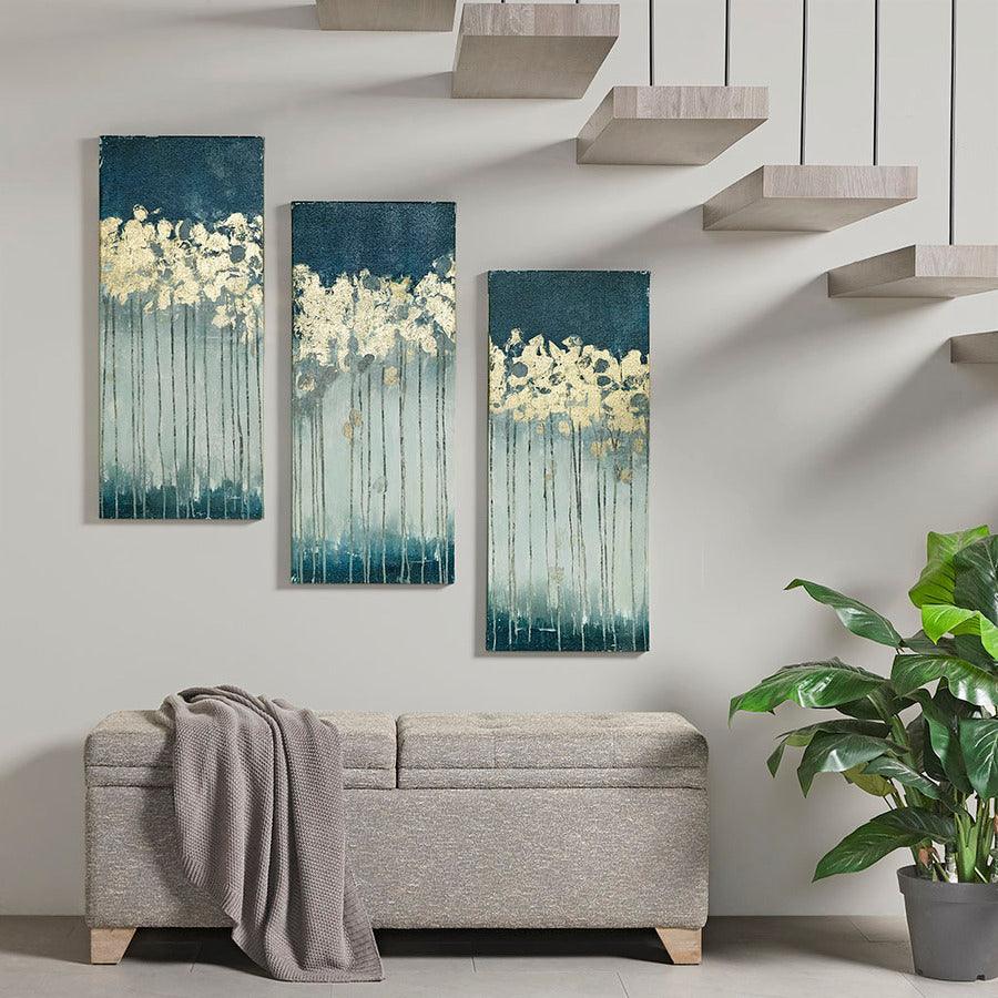 Olliix.com Wall Paintings - Dewy Forest Abstract Gel Coat Canvas with Metallic Foil Embellishment 3 Piece Set Teal
