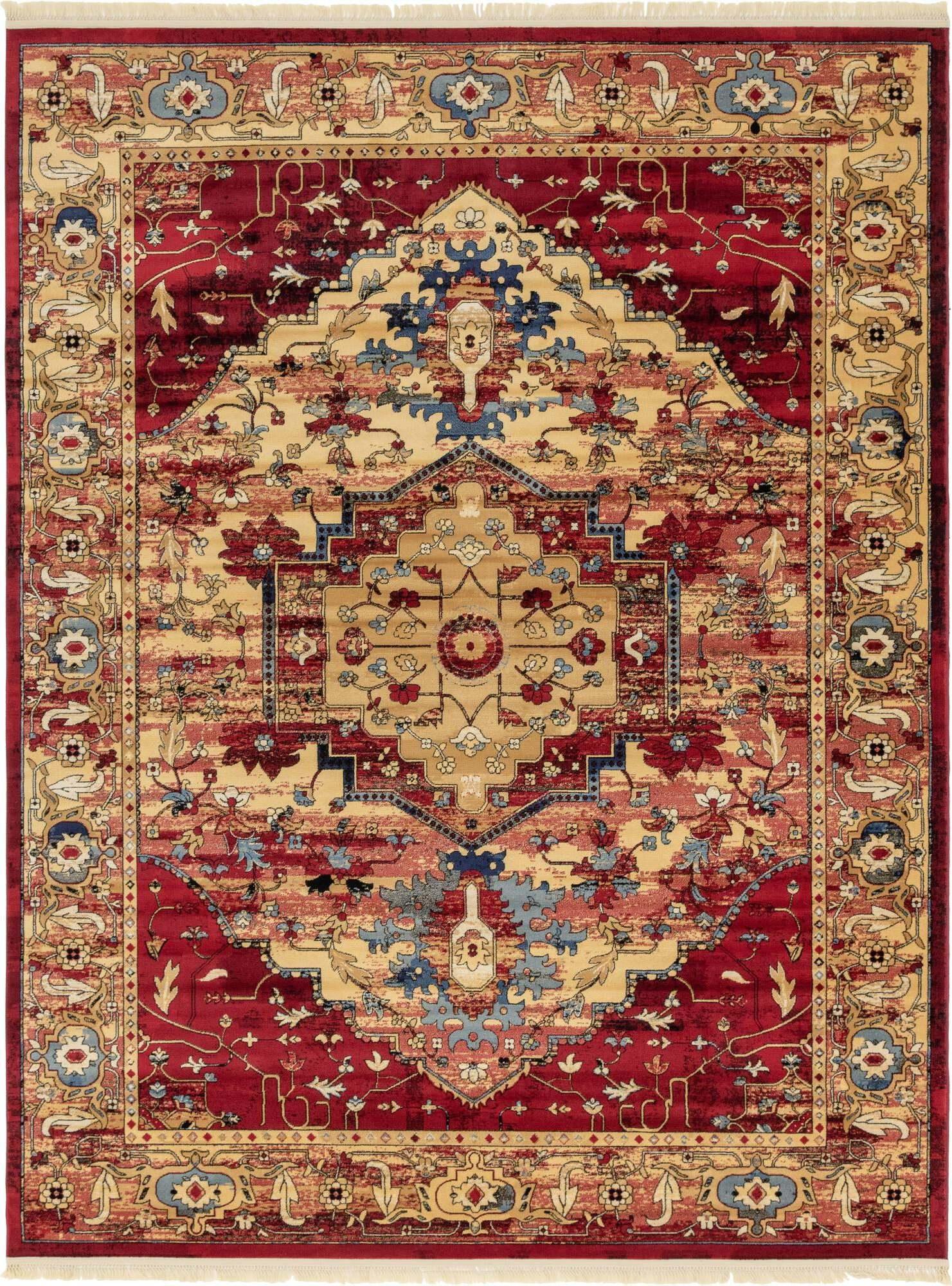 Unique Loom Indoor Rugs - District Medallion Rectangular 9x12 Rug Red & Beige