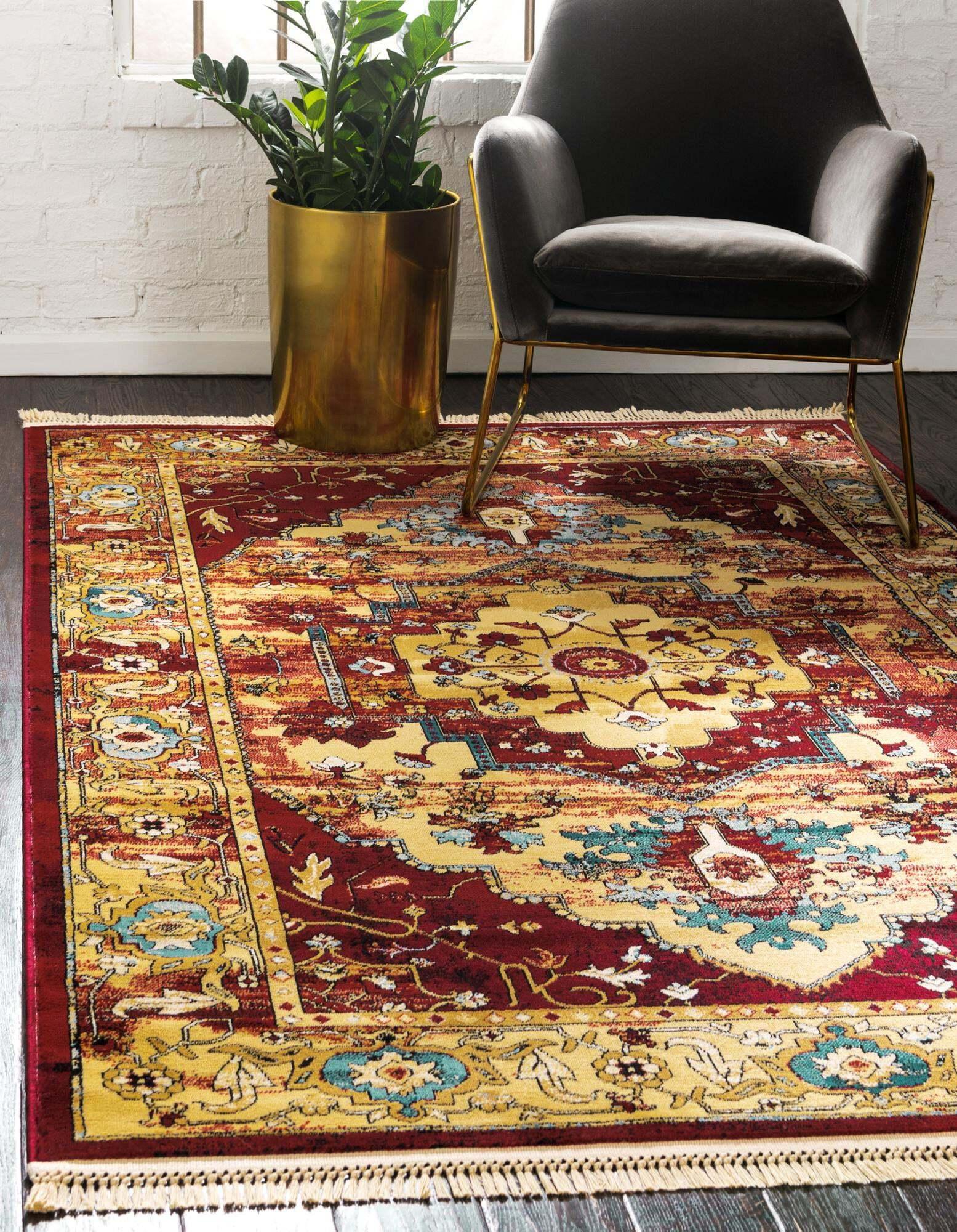 Unique Loom Indoor Rugs - District Medallion Rectangular 9x12 Rug Red & Beige