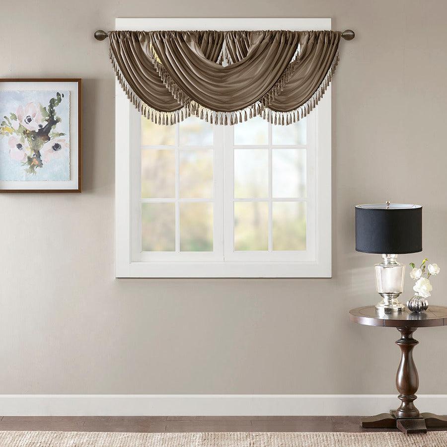 Olliix.com Curtains - Elena Traditional Faux Silk Waterfall Embellished Valance 38"W x 46"L Bronze