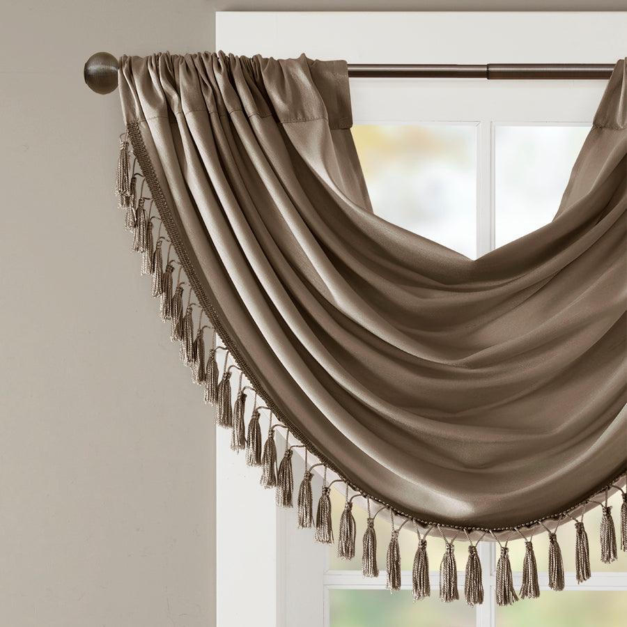 Olliix.com Curtains - Elena Traditional Faux Silk Waterfall Embellished Valance 38"W x 46"L Bronze
