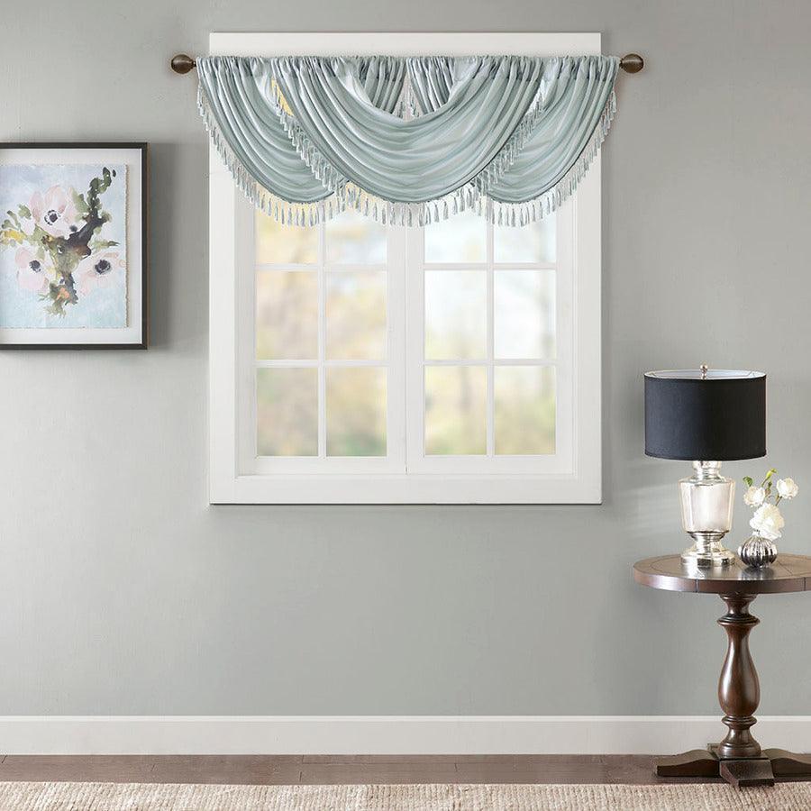 Olliix.com Curtains - Elena Traditional Faux Silk Waterfall Embellished Valance 38"W x 46"L Dusty Aqua