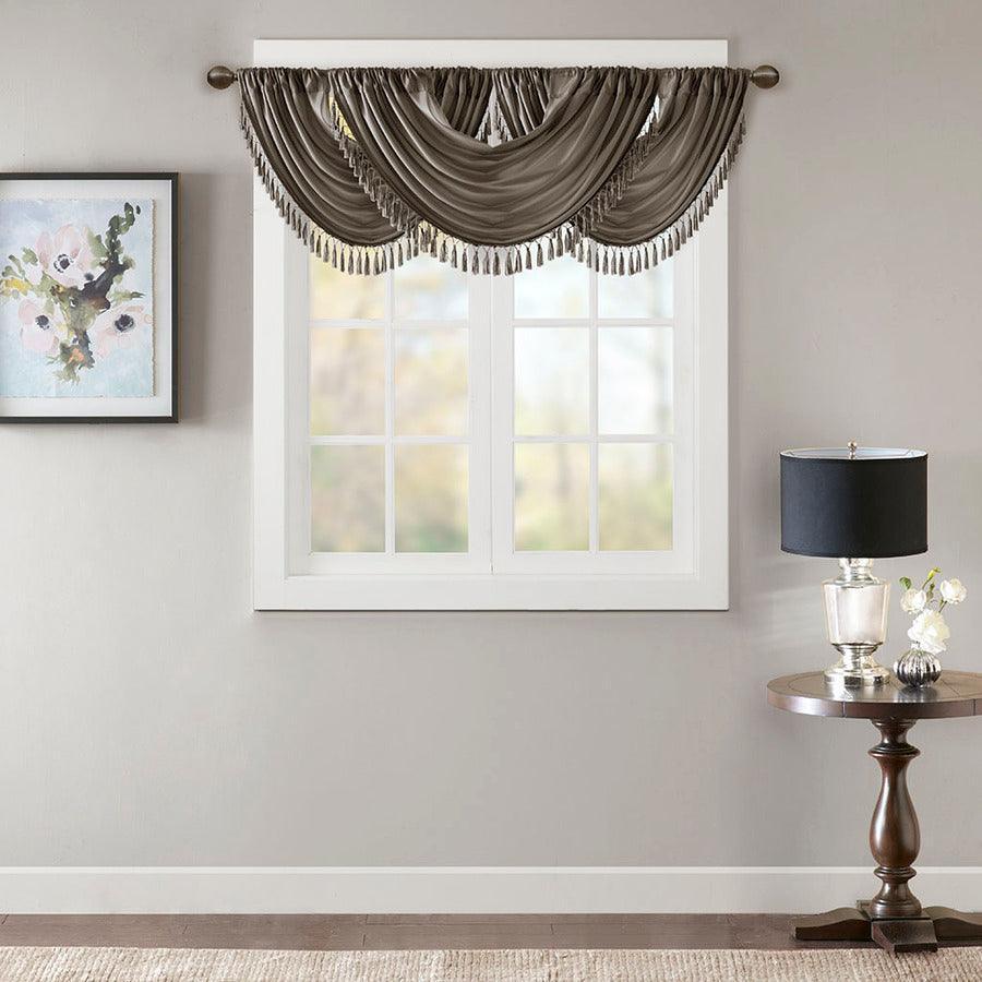 Olliix.com Curtains - Elena Traditional Faux Silk Waterfall Embellished Valance 38"W x 46"L Pewter