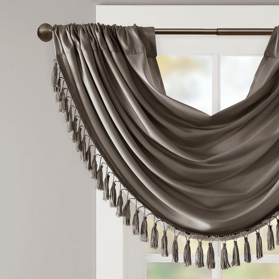 Olliix.com Curtains - Elena Traditional Faux Silk Waterfall Embellished Valance 38"W x 46"L Pewter