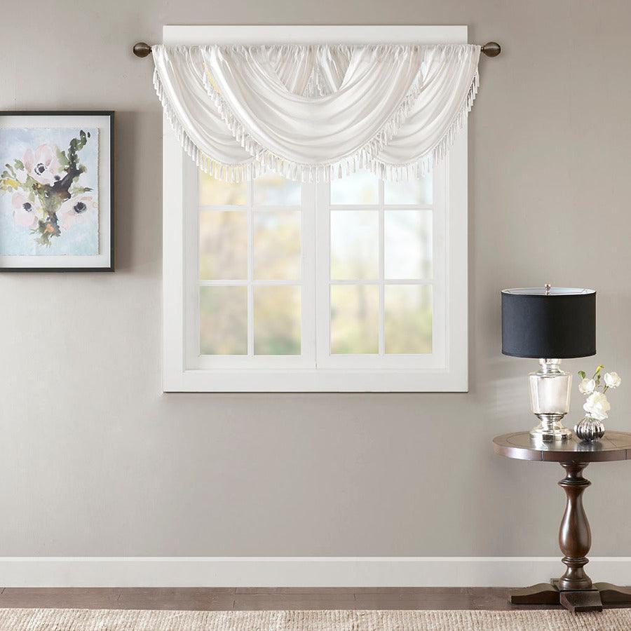 Olliix.com Curtains - Elena Transitional Faux Silk Waterfall Embellished Valance 38"W x 46"L White