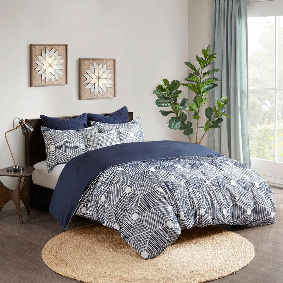 Olliix.com Duvet & Duvet Sets - Ellipse Full/Queen Cotton Jacquard Duvet Cover Set Navy
