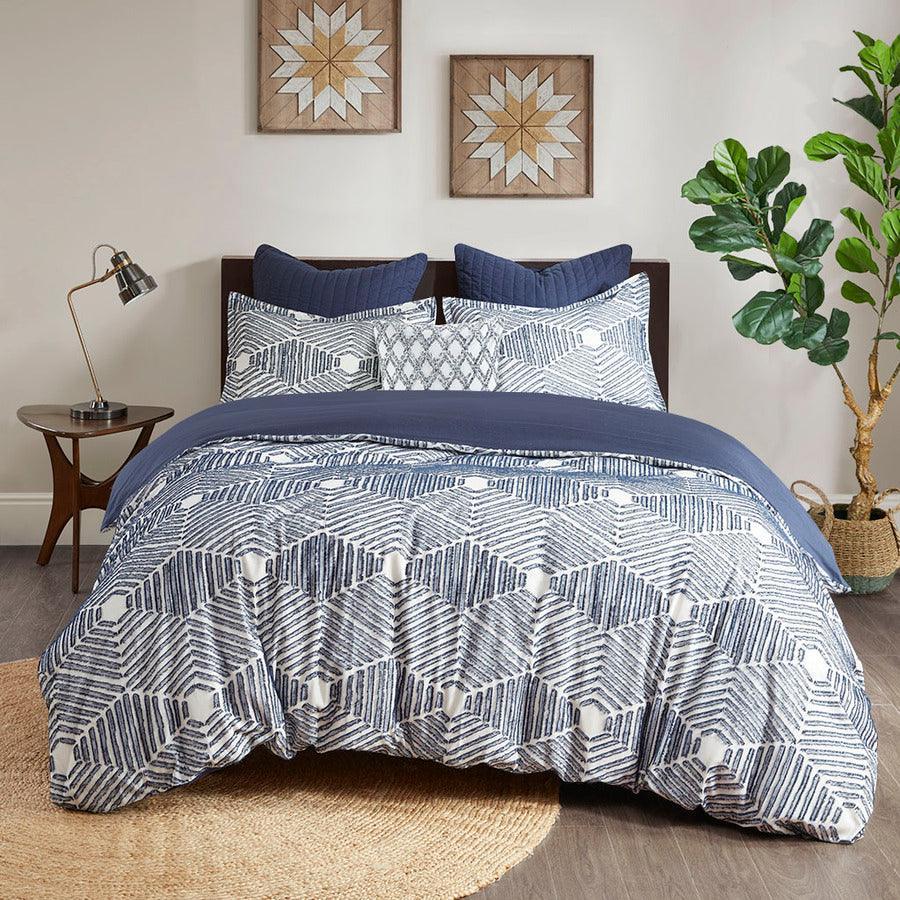 Olliix.com Duvet & Duvet Sets - Ellipse Full/Queen Cotton Jacquard Duvet Cover Set Navy