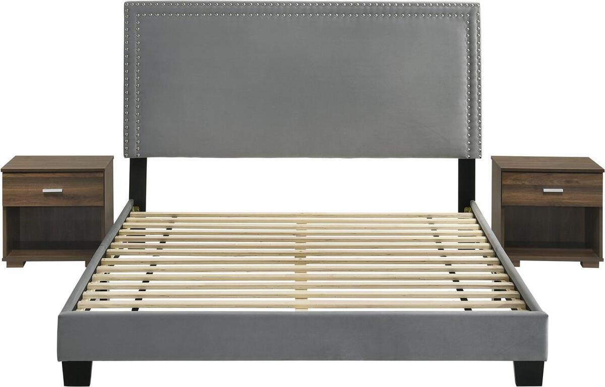 Elements Bedroom Sets - Emery Upholstered Queen Bed with Two Nightstands