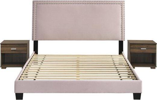 Elements Bedroom Sets - Emery Upholstered Queen Bed with Two Nightstands in Pink