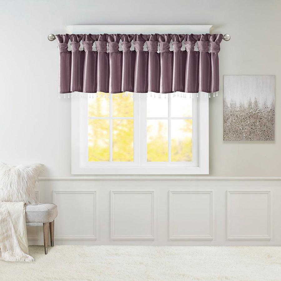 Olliix.com Curtains - Emilia Transitional Lightweight Faux Silk Valance With Beads 50"W x 26"L Purple