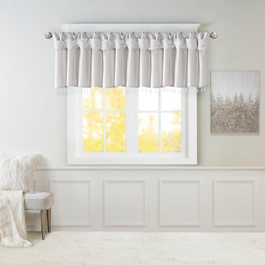 Olliix.com Curtains - Emilia Transitional Lightweight Faux Silk Valance With Beads 50x26" Silver
