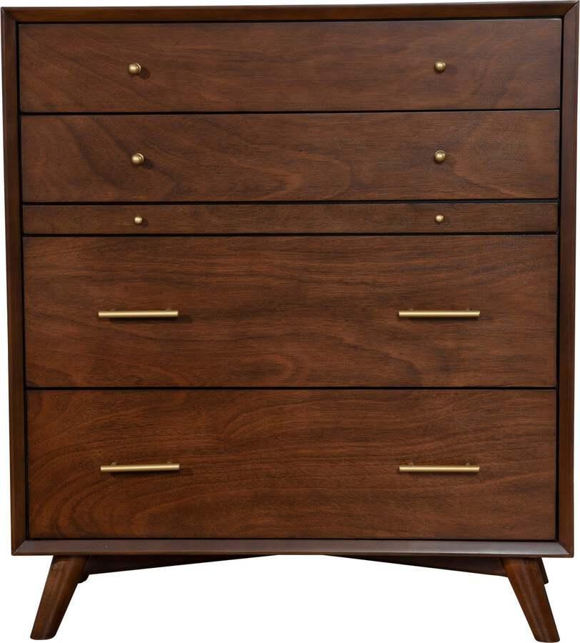 Alpine Furniture Chest of Drawers - Flynn Mid Century Modern 4 Drawer Multifunction Chest w/Pull Out Tray, Walnut