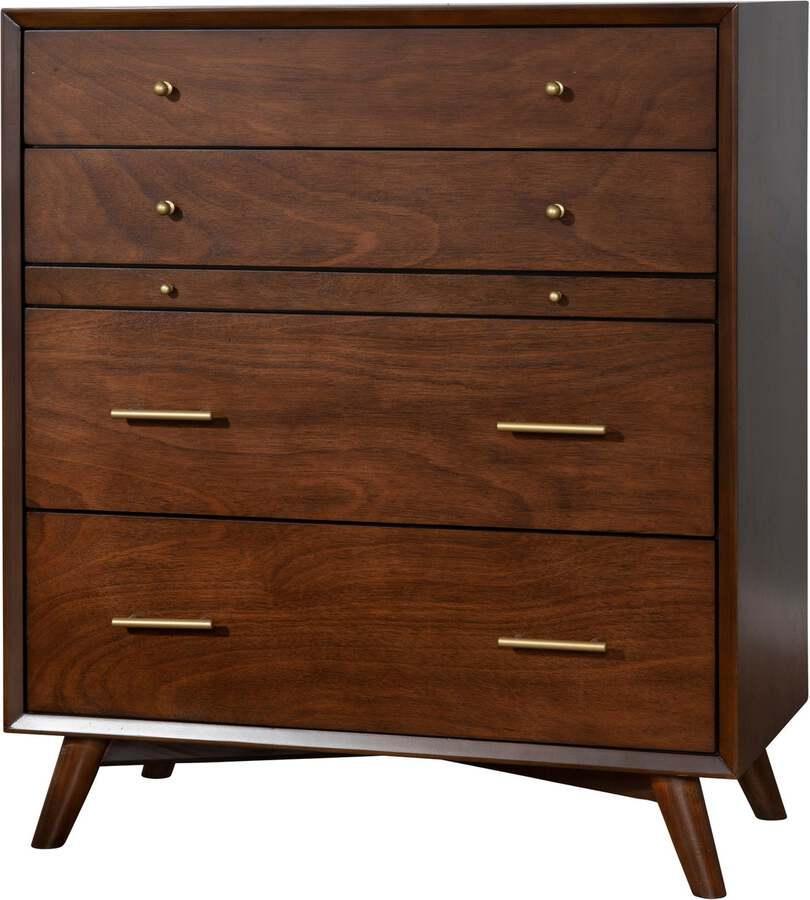 Alpine Furniture Chest of Drawers - Flynn Mid Century Modern 4 Drawer Multifunction Chest w/Pull Out Tray, Walnut
