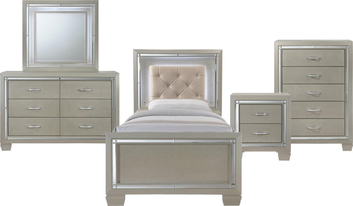 Elements Bedroom Sets - Glamour Youth Twin Platform 5PC Bedroom Set Champagne