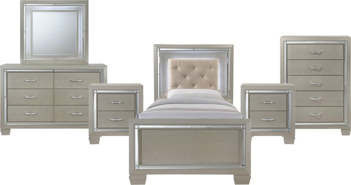 Elements Bedroom Sets - Glamour Youth Twin Platform 6PC Bedroom Set Champagne