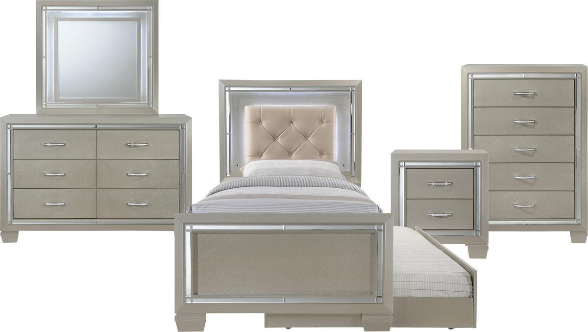 Elements Bedroom Sets - Glamour Youth Twin Platform w/ Trundle 5PC Bedroom Set Champagne