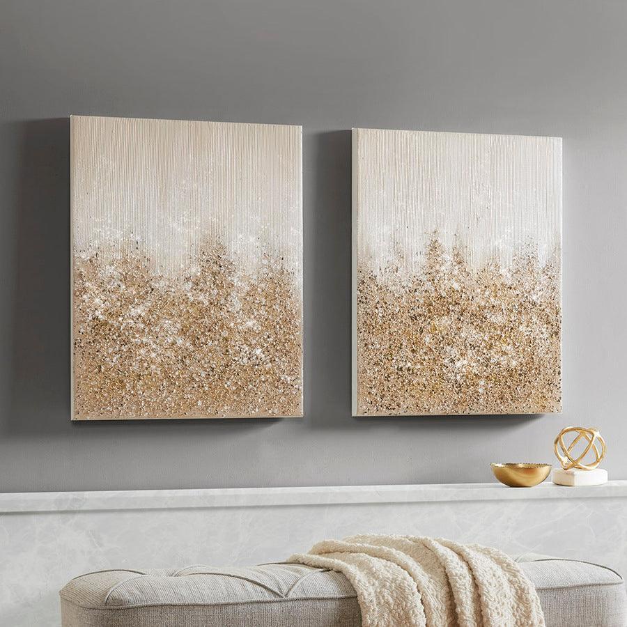 Olliix.com Wall Paintings - Glimmer 100% Hand Brush Heavy Textured Glitz Embellished Canvas 2 Piece Set Gold