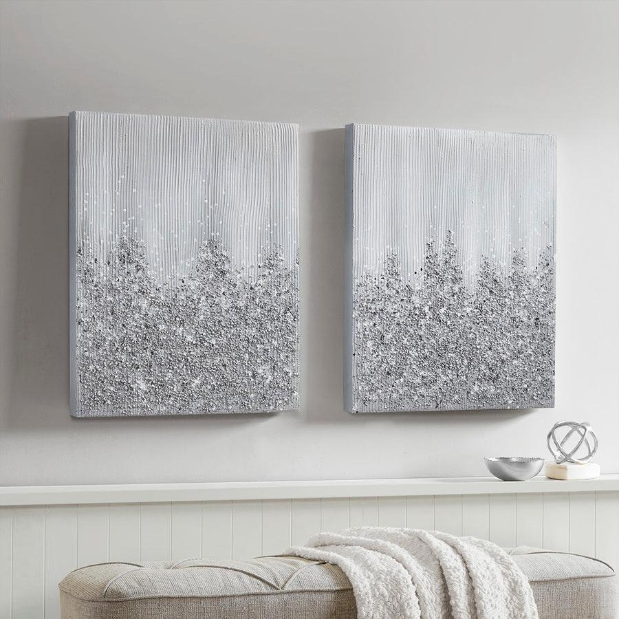 Olliix.com Wall Paintings - Glimmer 100% Hand Brush Heavy Textured Glitz Embellished Canvas 2 Piece Set Silver