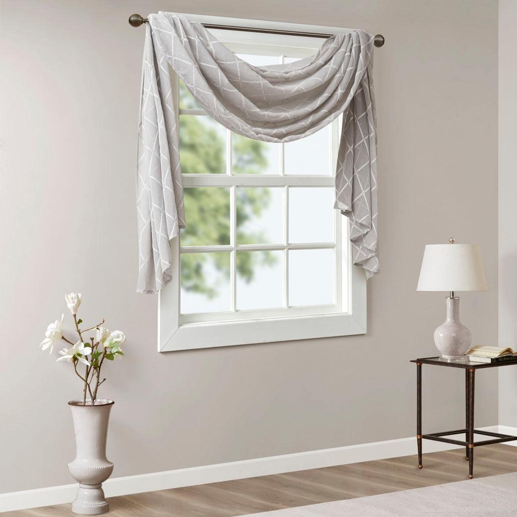 Olliix.com Curtains - Irina 144" Diamond Sheer Embroidered Window Scarf Gray