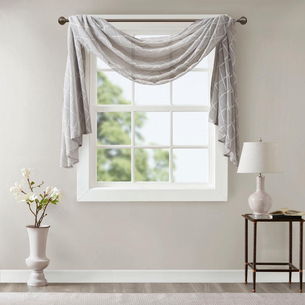 Olliix.com Curtains - Irina 144" Diamond Sheer Embroidered Window Scarf Gray