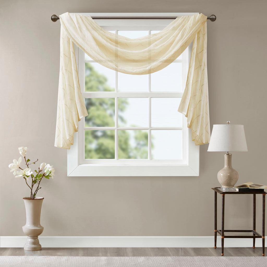 Olliix.com Curtains - Irina 144" Diamond Sheer Embroidered Window Scarf Ivory