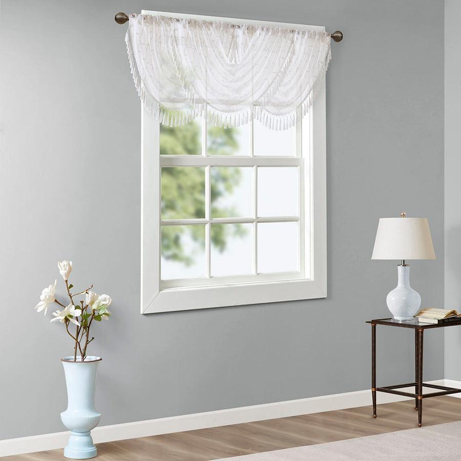 Olliix.com Curtains - Irina Diamond Sheer Embroidered Waterfall Valance White