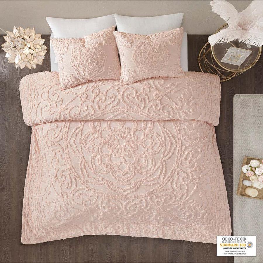 Olliix.com Duvet & Duvet Sets - Laetitia Global Inspired Tufted Cotton Chenille Medallion Duvet Cover Set Full/Queen Blush