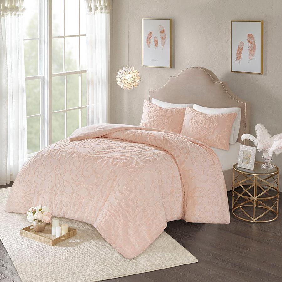 Olliix.com Duvet & Duvet Sets - Laetitia Global Inspired Tufted Cotton Chenille Medallion Duvet Cover Set Full/Queen Blush