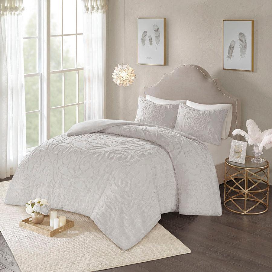 Olliix.com Duvet & Duvet Sets - Laetitia Global Inspired Tufted Cotton Chenille Medallion Duvet Cover Set Full/Queen Gray