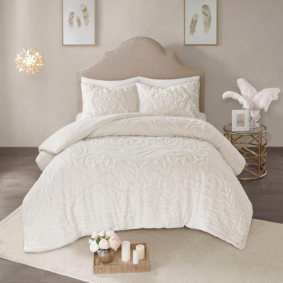 Olliix.com Duvet & Duvet Sets - Laetitia Global Inspired Tufted Cotton Chenille Medallion Duvet Cover Set Full/Queen Ivory