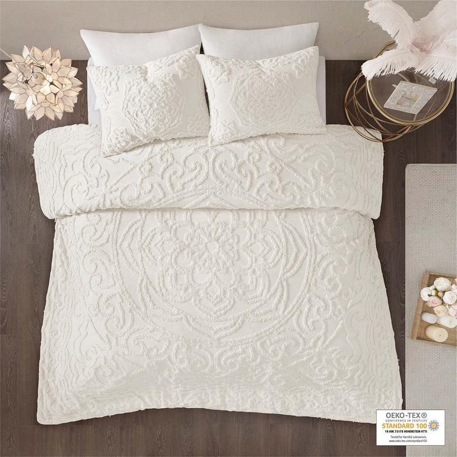 Olliix.com Duvet & Duvet Sets - Laetitia Global Inspired Tufted Cotton Chenille Medallion Duvet Cover Set King/Cal King Ivory