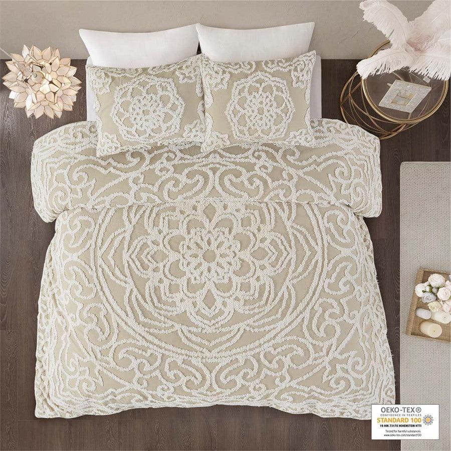 Olliix.com Duvet & Duvet Sets - Laetitia Shabby Chic Tufted Cotton Chenille Medallion Duvet Cover Set King/Cal King Taupe