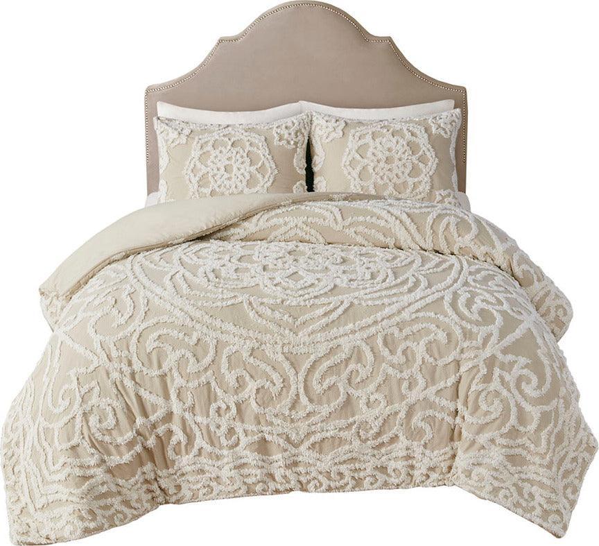 Olliix.com Duvet & Duvet Sets - Laetitia Shabby Chic Tufted Cotton Chenille Medallion Duvet Cover Set King/Cal King Taupe