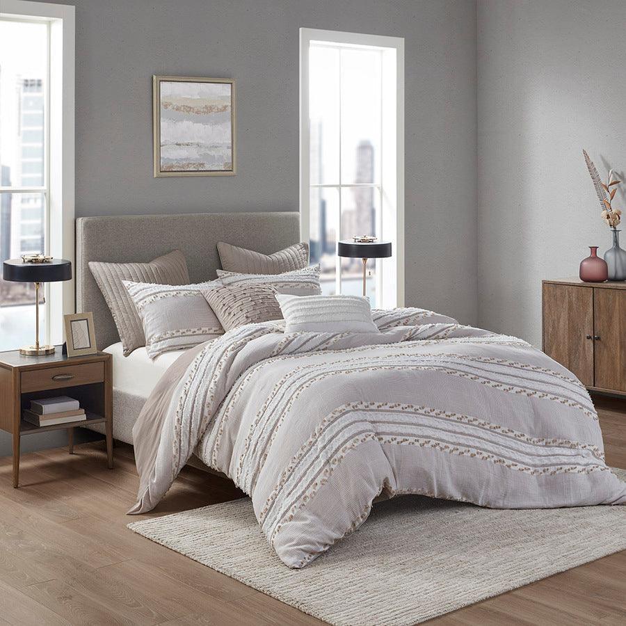 Olliix.com Duvet & Duvet Sets - Lennon Full/Queen Organic Cotton Jacquard Duvet Cover Set Taupe