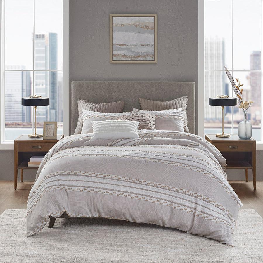 Olliix.com Duvet & Duvet Sets - Lennon Full/Queen Organic Cotton Jacquard Duvet Cover Set Taupe