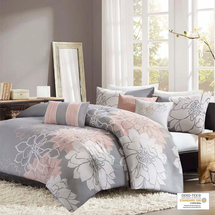 Olliix.com Duvet & Duvet Sets - Lola Transitional 6 Piece Printed Duvet Cover Set Full/Queen Gray & Blush